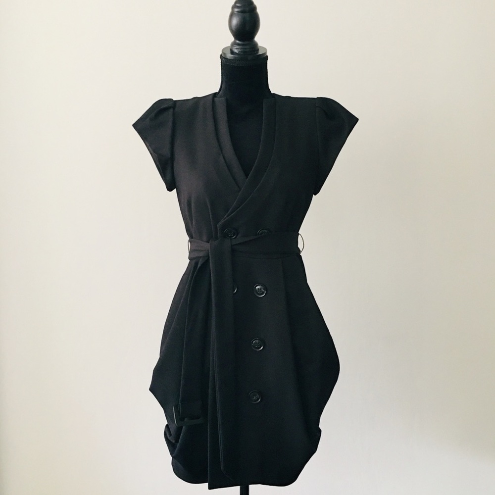 Black Puff Shoulder Double Breasted Dress - image 1